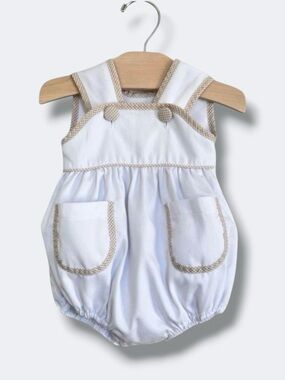 Shrimp & Grits Kids Romper Baby 3M White Gingham Trim Bubble Preppy Classic